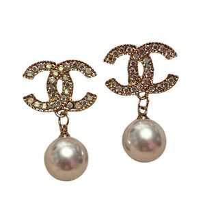 Upcycled Designer Inspired Iridescent Crystal Logo Pearl Drop Gold Tone Earrings